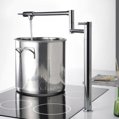 Rubinetto di riempimento per vaso con montaggio su ponte, finitura cromata con gambo di estensione e beccuccio a doppio giunto oscillante da 20".