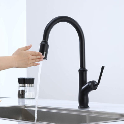 Rubinetto da cucina touchless nero con spruzzatore a discesa, due sensori attivati ​​dal movimento