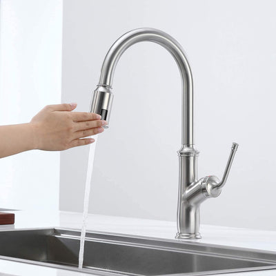 Rubinetto da cucina senza contatto con spruzzatore estraibile, finitura in nichel spazzolato